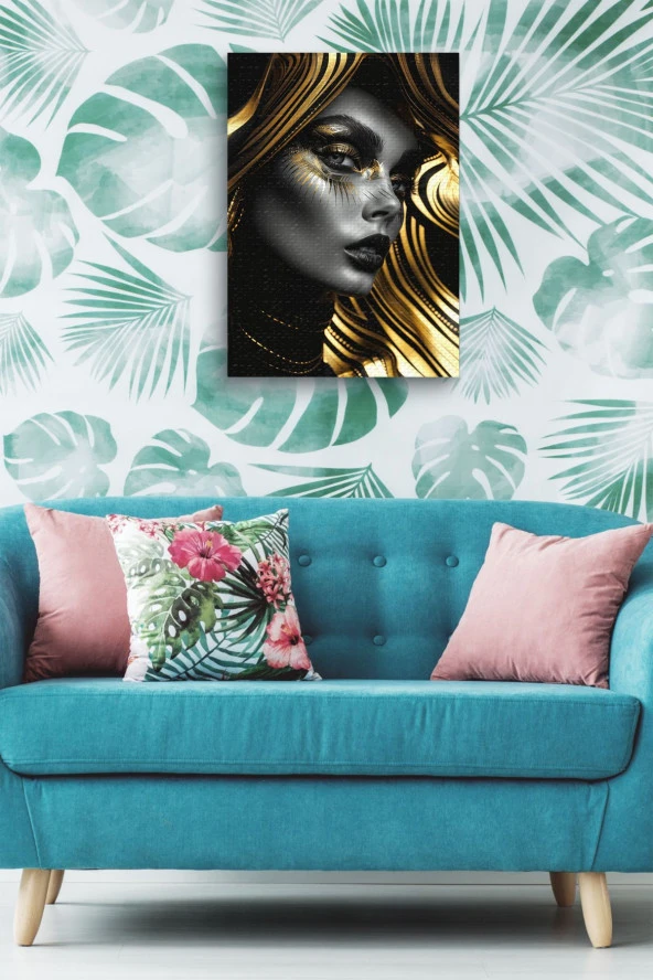 Gold Detaylı Kadın Portre Yağlı Kanvas Tablo - Resim 3