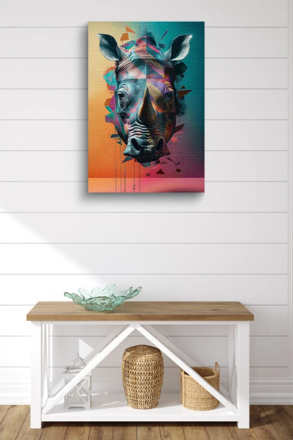 Renkli Sanatsal 3D Görünümlü Gergedan Başı Yağlı Kanvas Tablo - Resim 2