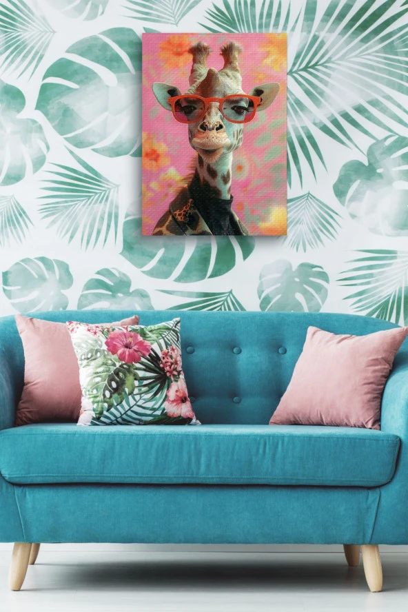 Çiçek Arka Planlı Zürafa Yağlı Kanvas Tablo - Resim 4