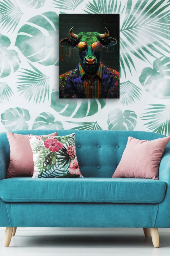 Renkli Tasarım Kıyafet Giymiş Boğa Portre Yağlı Kanvas Tablo - Resim 3