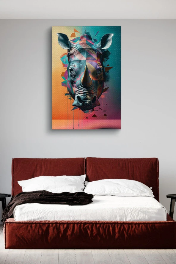 Renkli Sanatsal 3D Görünümlü Gergedan Başı Yağlı Kanvas Tablo - Resim 3