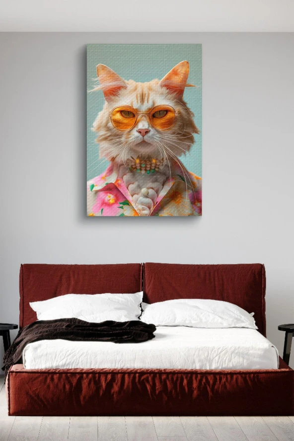 Modernist Kıyafet Giymiş Kedi Yağlı Kanvas Tablo - Resim 3