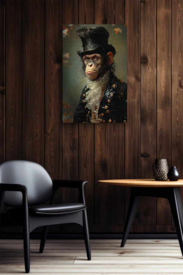 Modernist Nostalji Detaylı Maymun Portre Yağlı Kanvas Tablo - Resim 6