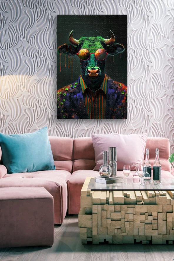 Renkli Tasarım Kıyafet Giymiş Boğa Portre Yağlı Kanvas Tablo - Resim 5