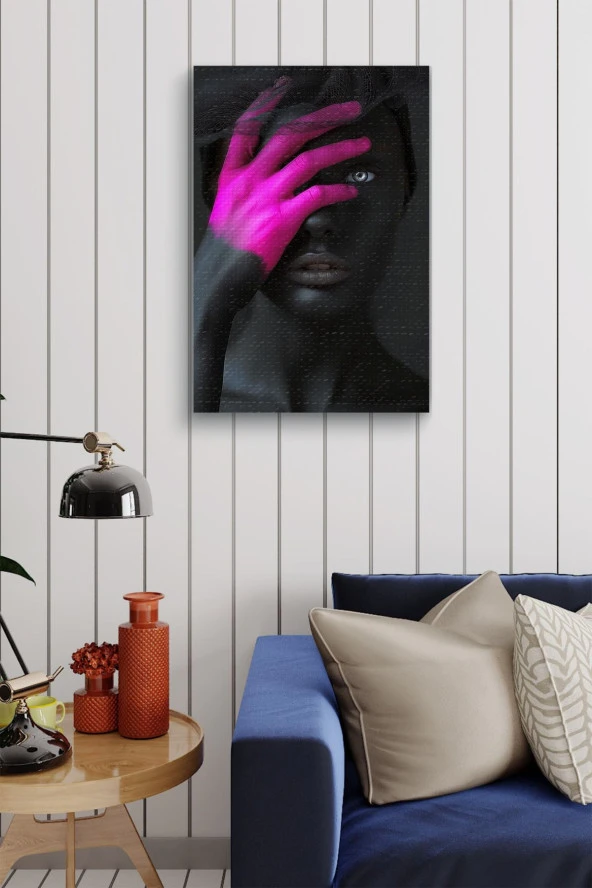 Pembe Renk Detaylı Siyah Kadın Portre Yağlı Kanvas Tablo - Resim 4