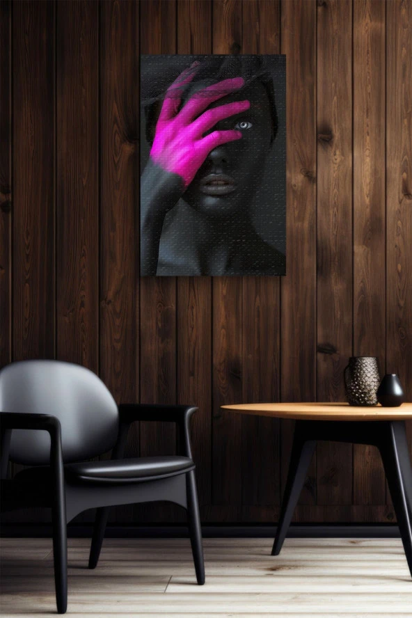 Pembe Renk Detaylı Siyah Kadın Portre Yağlı Kanvas Tablo - Resim 6