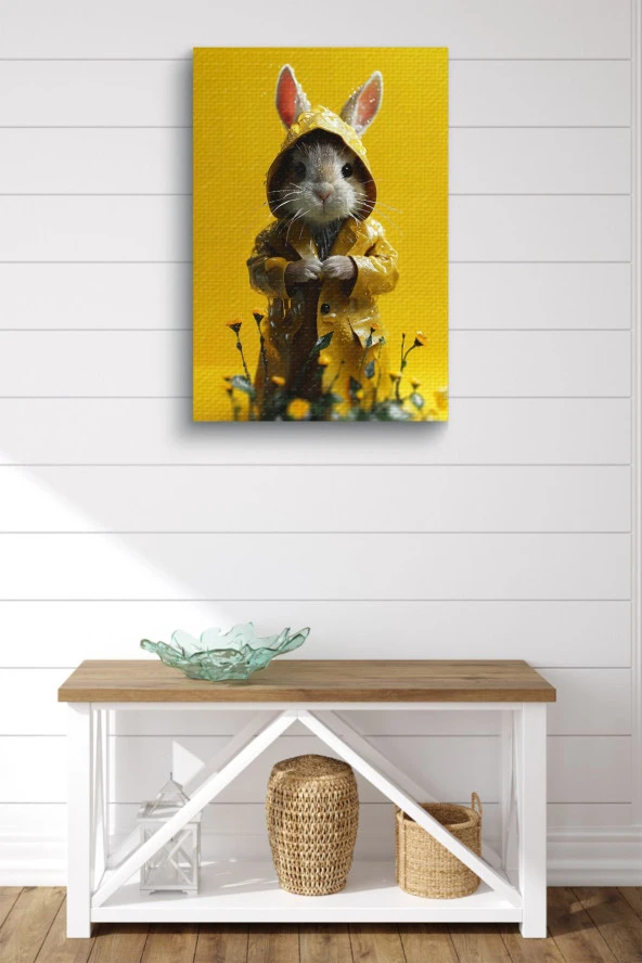 Yağmurluk Giyen Şirin Sincap Çocuk Odası Yağlı Kanvas Tablo - Resim 2