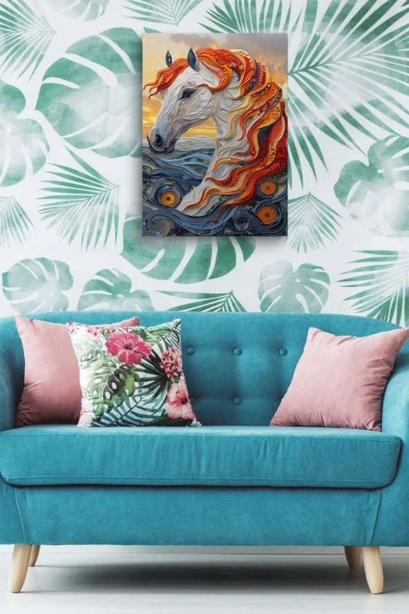 Turuncu Detaylı Kubistik At Yağlı Kanvas Tablo - Resim 4