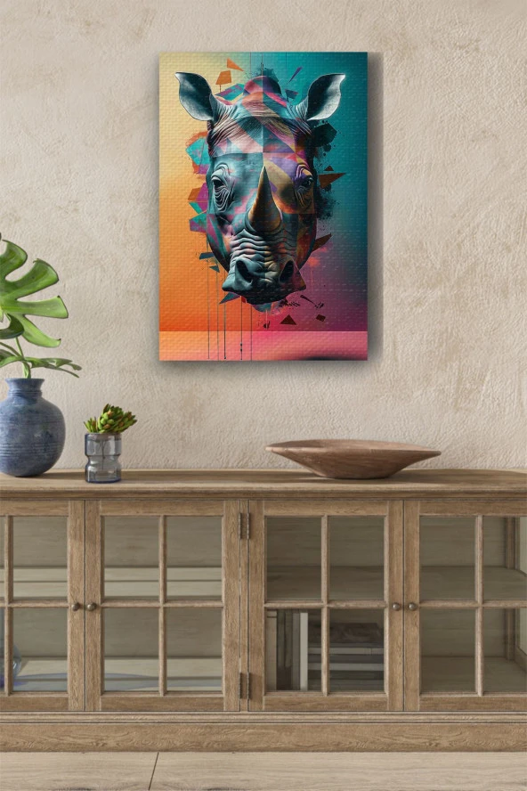 Renkli Sanatsal 3D Görünümlü Gergedan Başı Yağlı Kanvas Tablo ürün görseli