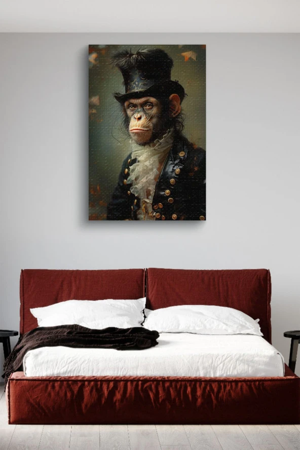 Modernist Nostalji Detaylı Maymun Portre Yağlı Kanvas Tablo - Resim 3