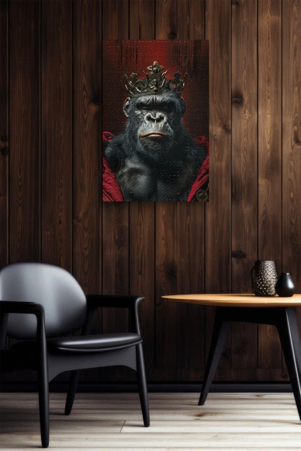 Modern Taç Takmış Goril Portre Yağlı Kanvas Tablo - Resim 5