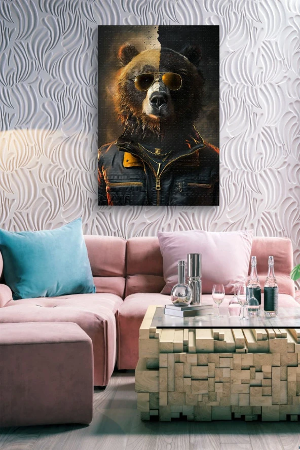 İki Renk Detaylı Kıyafet Giymiş Boz Ayı Yağlı Kanvas Tablo - Resim 7