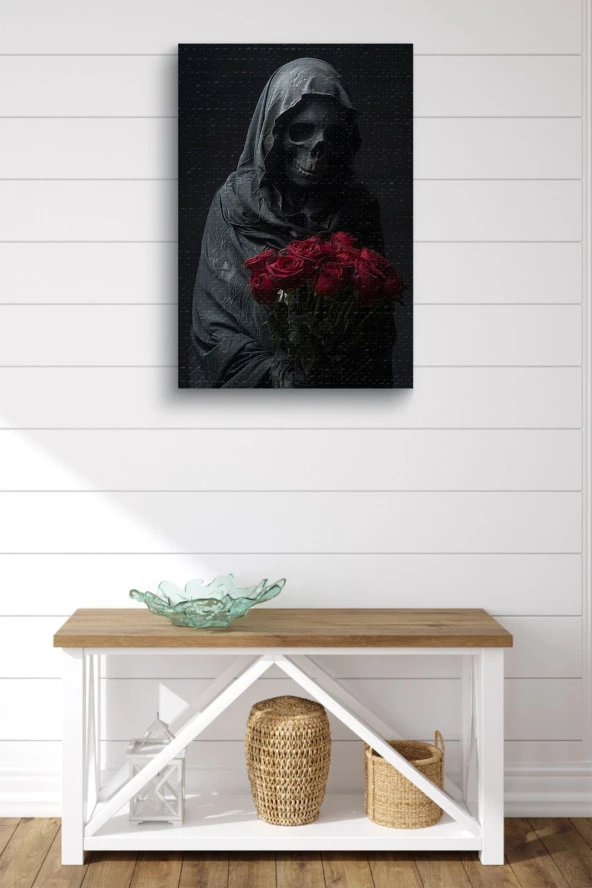 Kırmızı Gülleri Tutan İskelet Yağlı Kanvas Tablo - Resim 2