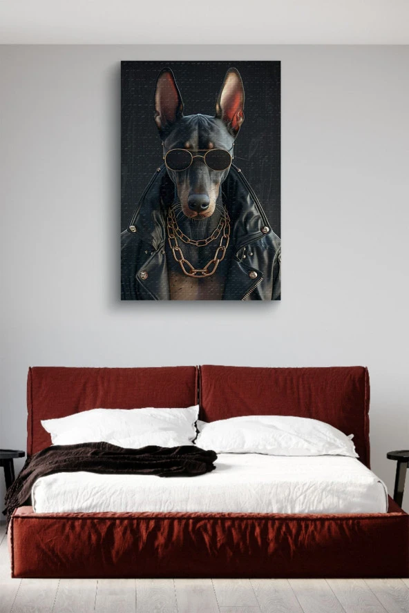 Deri Ceket Giymiş Siyah Köpek Yağlı Kanvas Tablo - 2