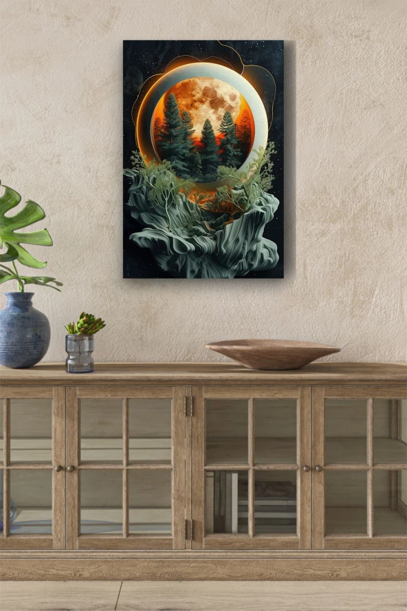 Çam Ağaçları ve Dolunay Detaylı Kabartma Görünümlü Tasarım Yağlı Kanvas Tablo ürün görseli