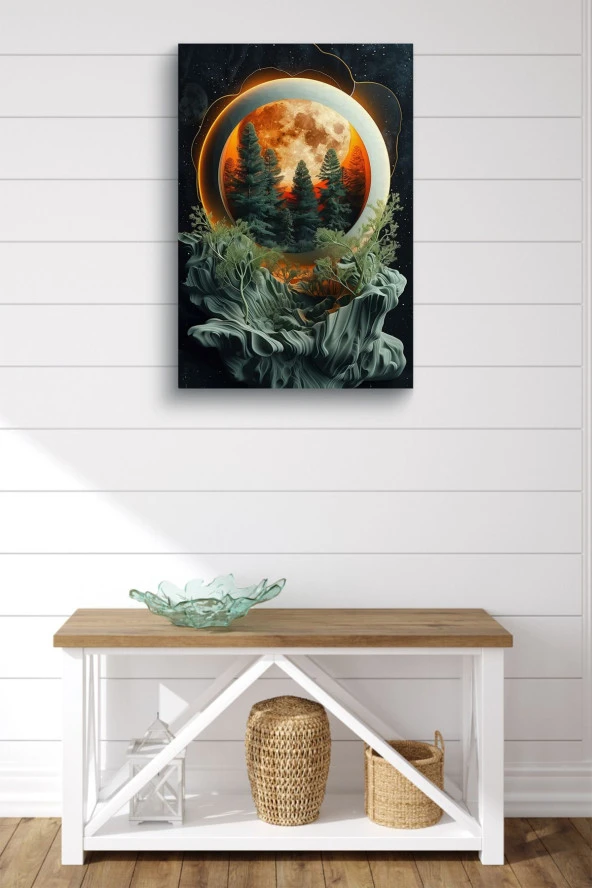 Çam Ağaçları ve Dolunay Detaylı Kabartma Görünümlü Tasarım Yağlı Kanvas Tablo - Resim 2