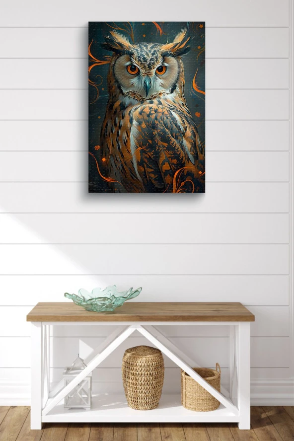 Turuncu Renkler İçerisindeki Baykuş Yağlı Kanvas Tablo - Resim 2