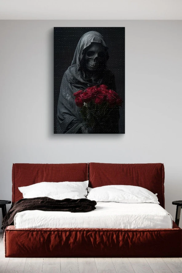 Kırmızı Gülleri Tutan İskelet Yağlı Kanvas Tablo - Resim 3