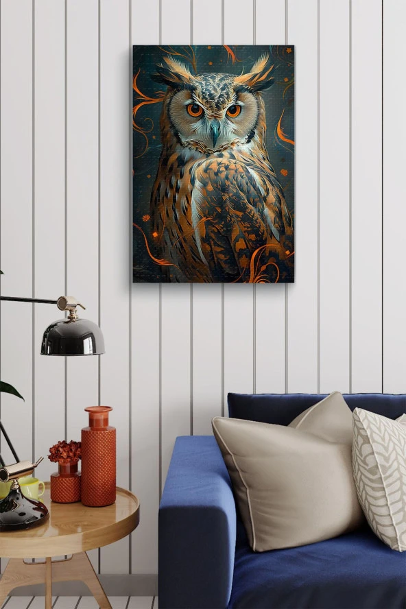 Turuncu Renkler İçerisindeki Baykuş Yağlı Kanvas Tablo - Resim 4