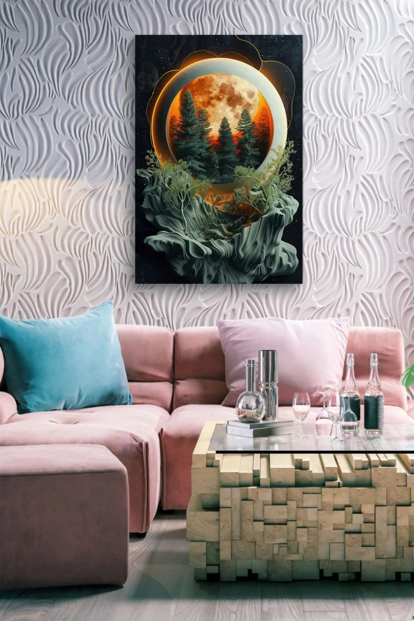 Çam Ağaçları ve Dolunay Detaylı Kabartma Görünümlü Tasarım Yağlı Kanvas Tablo - Resim 7