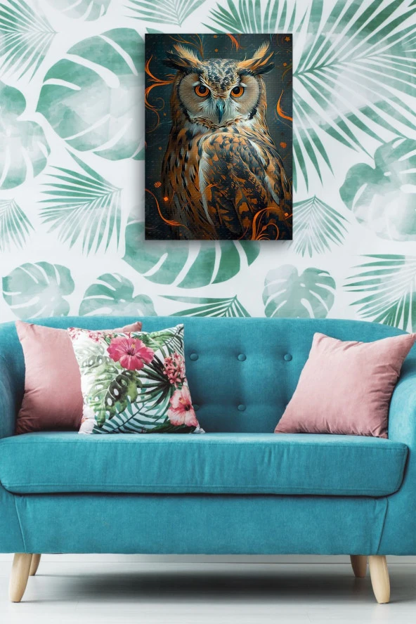 Turuncu Renkler İçerisindeki Baykuş Yağlı Kanvas Tablo - Resim 5