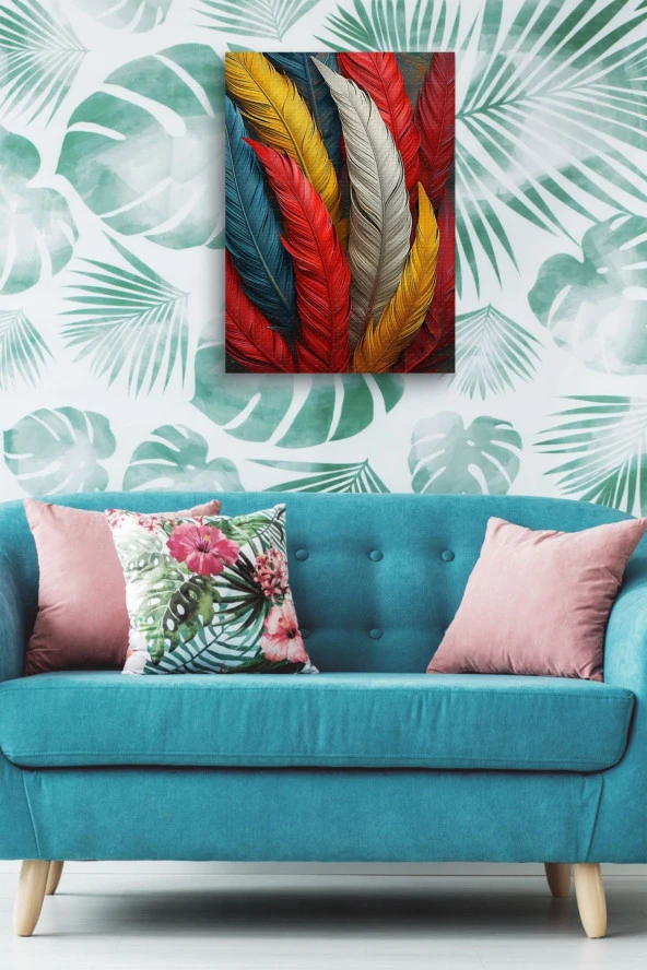 Rengarenk Kuş Tüyleri Yağlı Kanvas Tablo - Resim 5