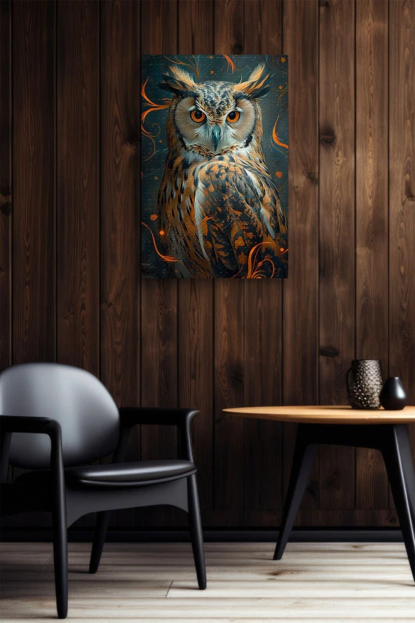 Turuncu Renkler İçerisindeki Baykuş Yağlı Kanvas Tablo - Resim 6