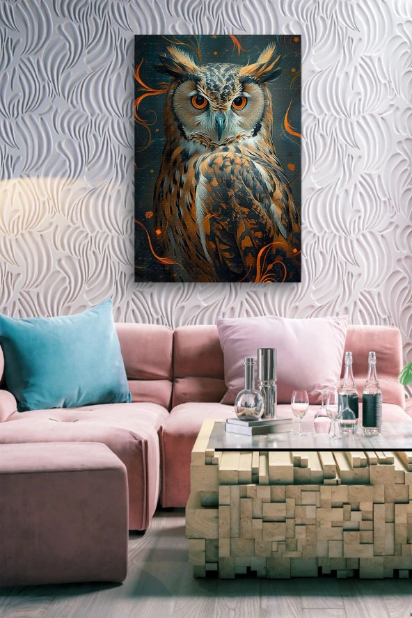 Turuncu Renkler İçerisindeki Baykuş Yağlı Kanvas Tablo - Resim 7