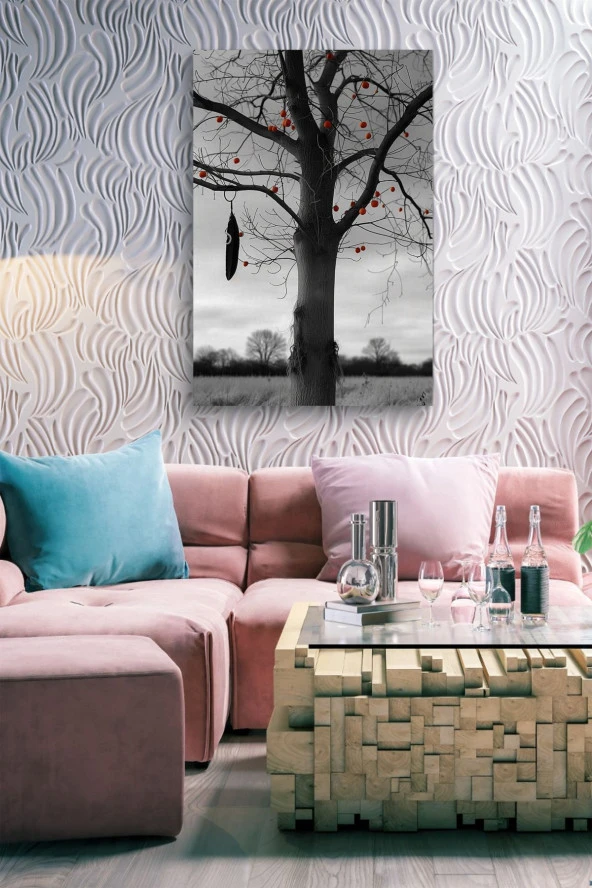 Kırmızı Meyveli Kurumuş Ağaç Yağlı Kanvas Tablo - Resim 7