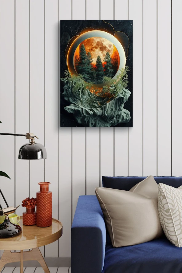 Çam Ağaçları ve Dolunay Detaylı Kabartma Görünümlü Tasarım Yağlı Kanvas Tablo - Resim 4