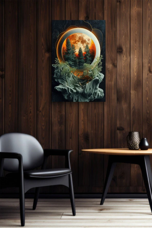 Çam Ağaçları ve Dolunay Detaylı Kabartma Görünümlü Tasarım Yağlı Kanvas Tablo - Resim 6