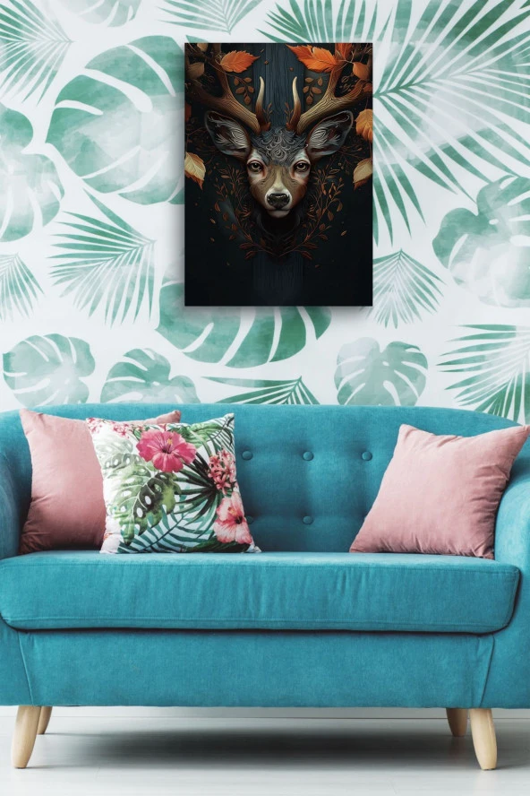 Boynuzları Tahta Görünümlü Geyik Yağlı Kanvas Tablo - Resim 5