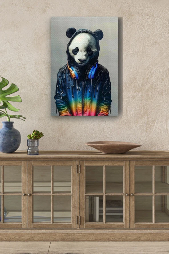 Müzik Dinleyen Genç Panda Yağlı Kanvas Tablo ürün görseli