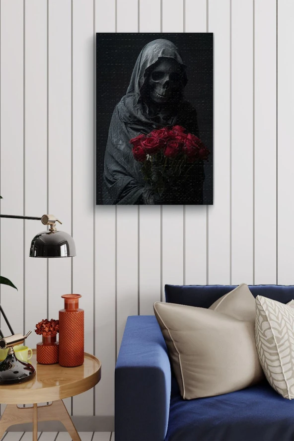 Kırmızı Gülleri Tutan İskelet Yağlı Kanvas Tablo - Resim 4