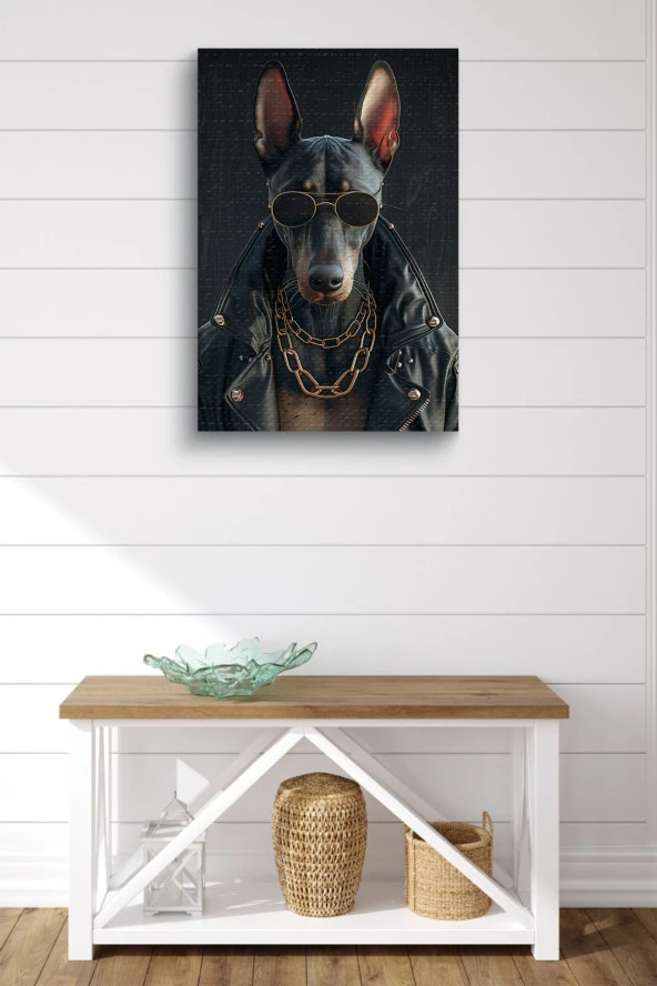 Deri Ceket Giymiş Siyah Köpek Yağlı Kanvas Tablo