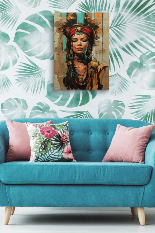 Kızılderili Kadın Portre Yağlı Kanvas Tablo - Resim 4