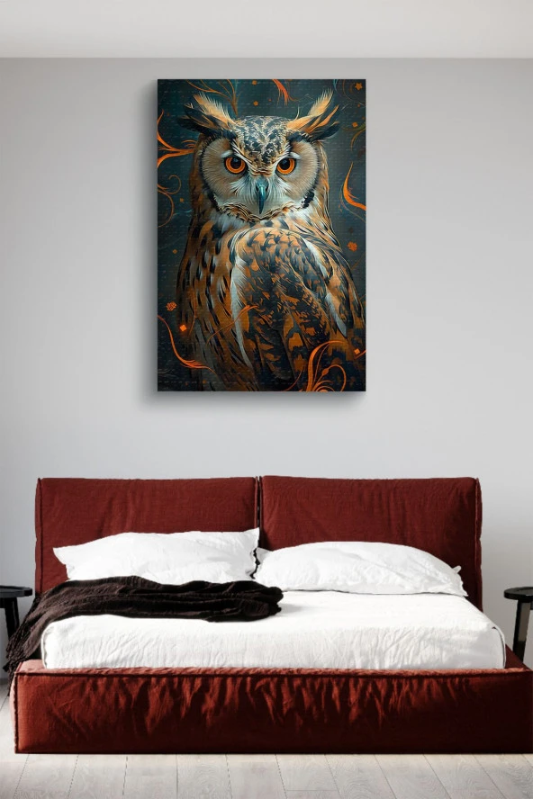 Turuncu Renkler İçerisindeki Baykuş Yağlı Kanvas Tablo - Resim 3