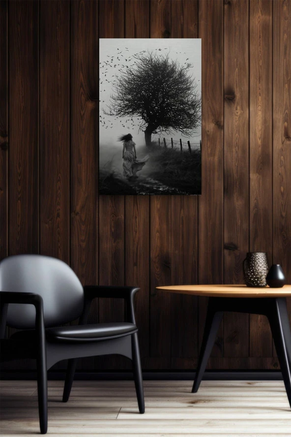 Siyah Beyaz Ağaca Yürüyen Kadın Yağlı Kanvas Tablo - Resim 6