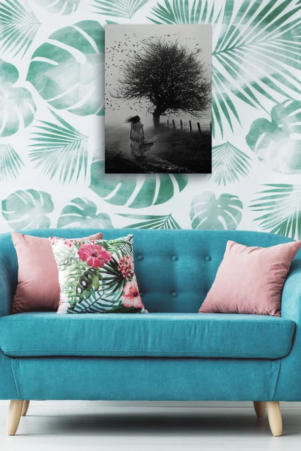 Siyah Beyaz Ağaca Yürüyen Kadın Yağlı Kanvas Tablo - Resim 5