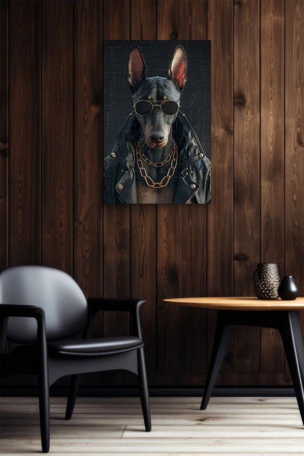 Deri Ceket Giymiş Siyah Köpek Yağlı Kanvas Tablo - 4