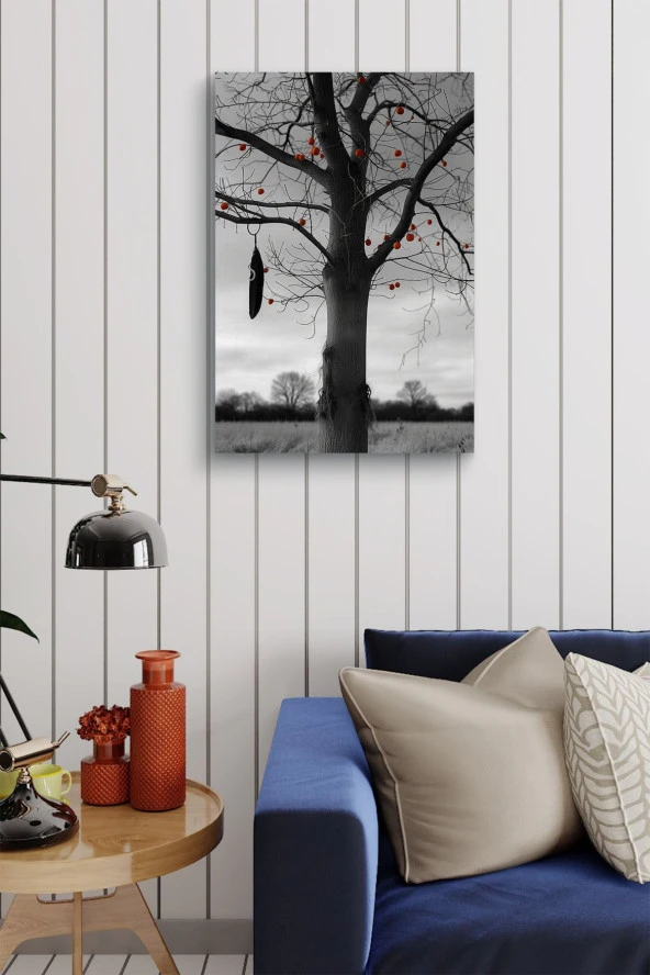 Kırmızı Meyveli Kurumuş Ağaç Yağlı Kanvas Tablo - Resim 4