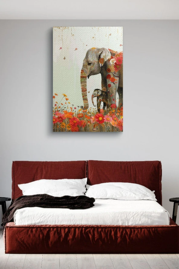 Anne Fil ve Yavrusu Yağlı Kanvas Tablo - Resim 3