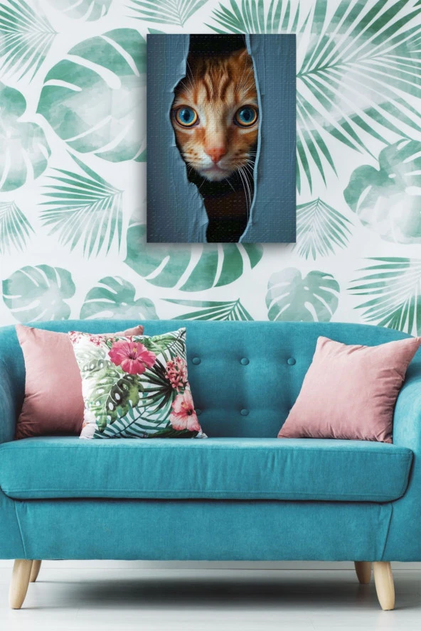 Duvar Arkasından Bakan Kedi Yağlı Kanvas Tablo - Resim 5