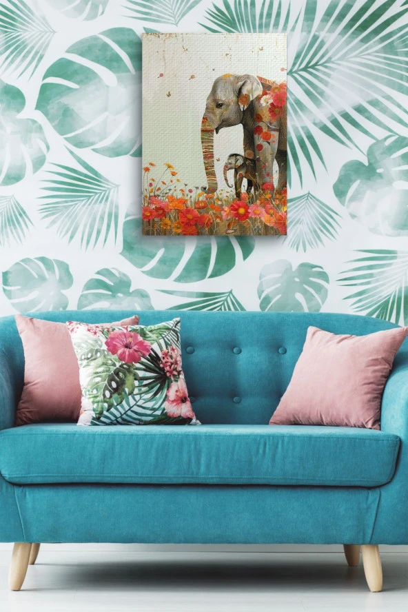 Anne Fil ve Yavrusu Yağlı Kanvas Tablo - Resim 5