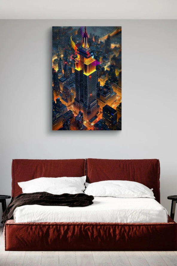 Binalar Arasındaki Gökdelen Yağlı Kanvas Tablo - Resim 3