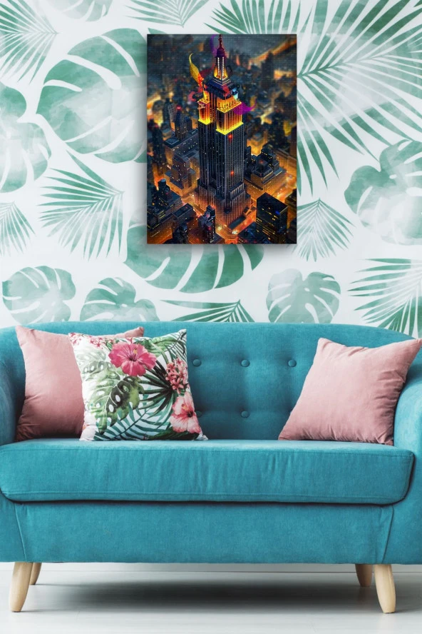 Binalar Arasındaki Gökdelen Yağlı Kanvas Tablo - Resim 5