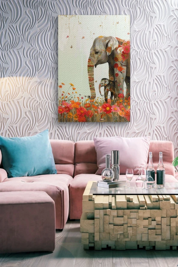 Anne Fil ve Yavrusu Yağlı Kanvas Tablo - Resim 7