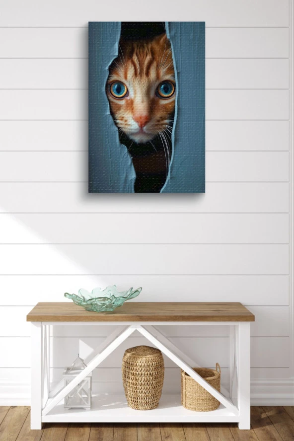 Duvar Arkasından Bakan Kedi Yağlı Kanvas Tablo - Resim 2