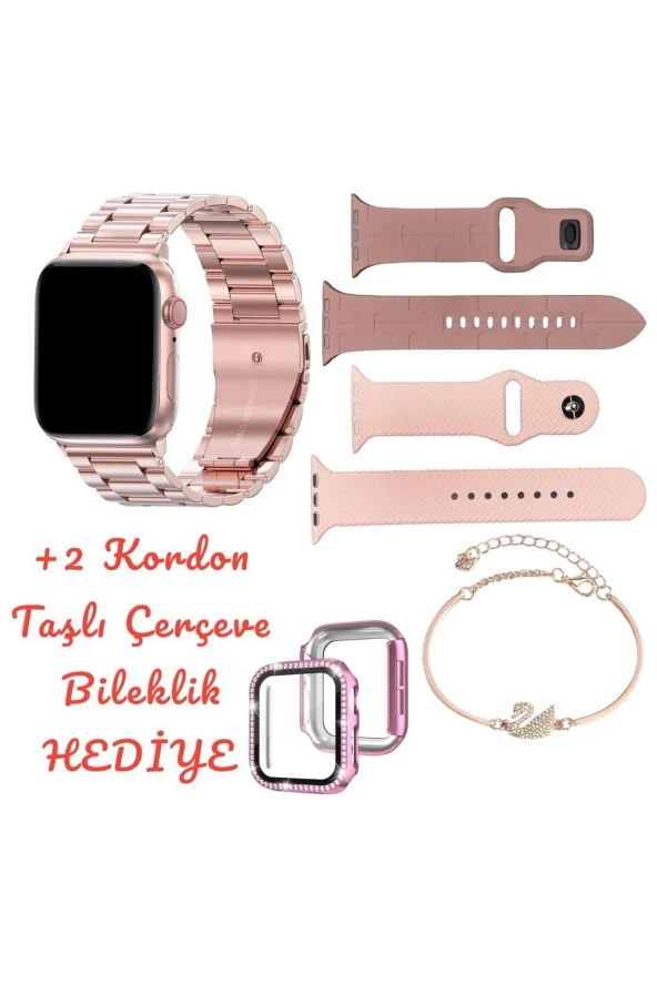 Rose Smart Watch Zarif Şık Kadın Akıllı Saat 41 Mm 3 Kordon Taşlı Çerçeve Charm Bileklik Hediyeli