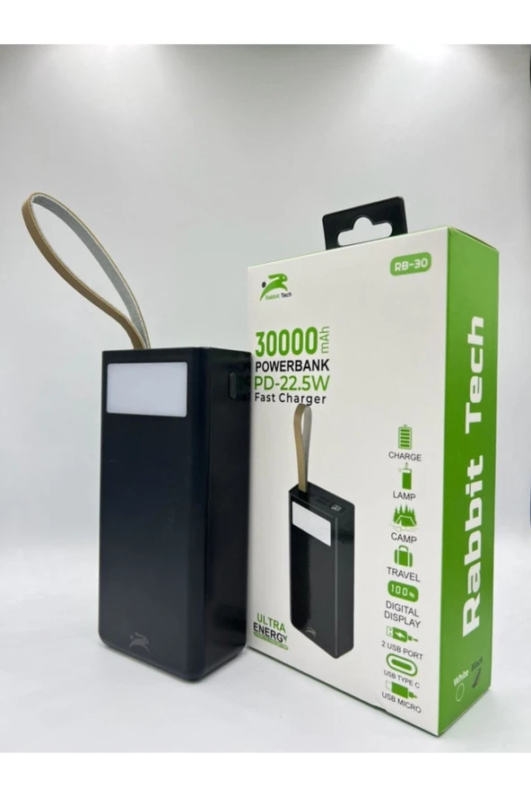 30.000 Mah Pd 22.5w Kablolu 3.0 Hızlı Şarj Gerçek 30.000 Mah Garantili Işıklı Siyah Powerbank